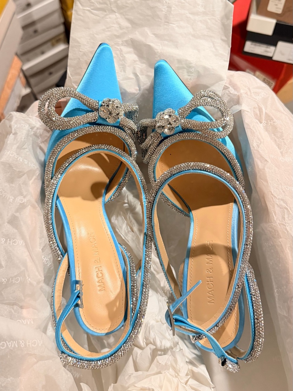 MACH & MACH Ocean Blue Satin Crystal double Bow Slingback Pumps‼️